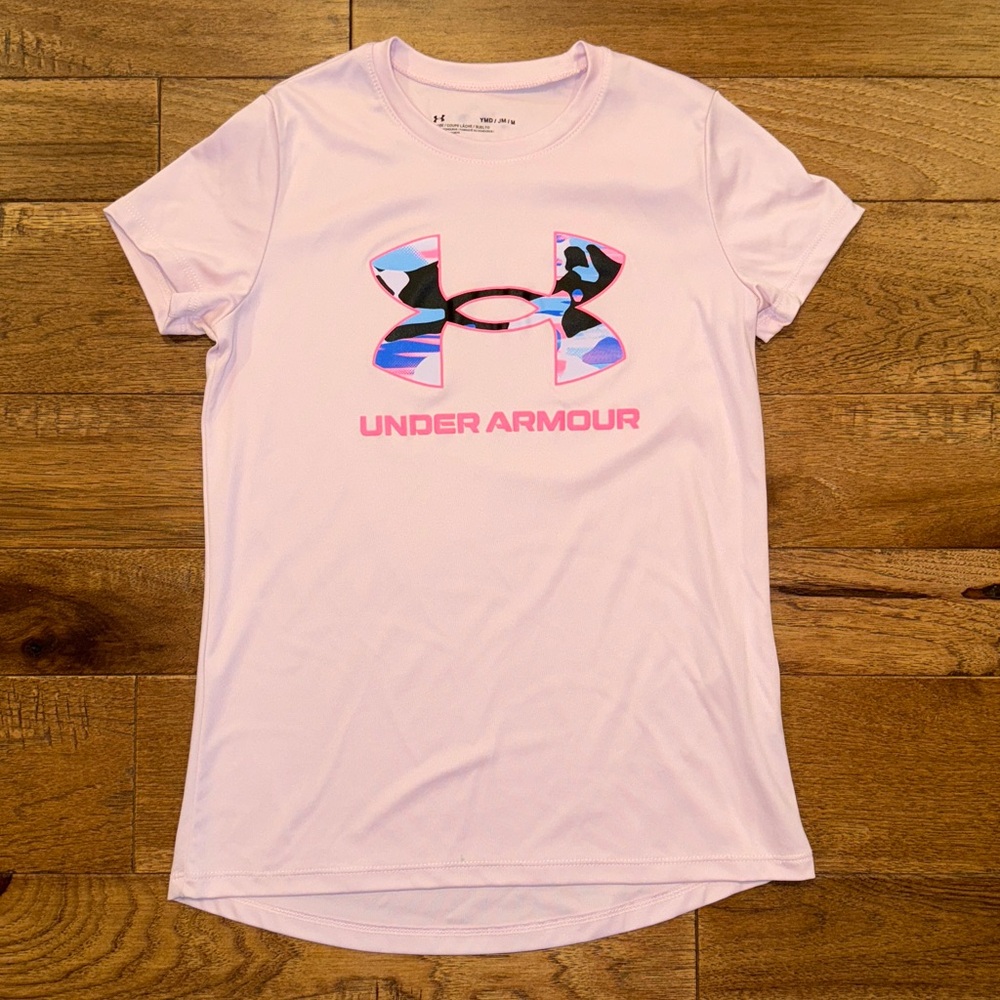 Girls Under Armour Big Logo Pink Short-Sleeve Shirt - Size YMD